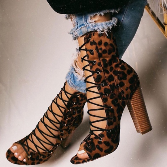 Liliana Shoes - peep toe leopard lace up booties